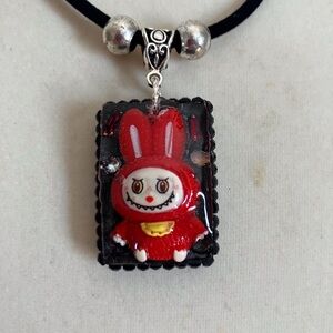 Handmade Kawaii “Labubu” Bunny Pendant with Black Velvet Chain/Extender 16 In.